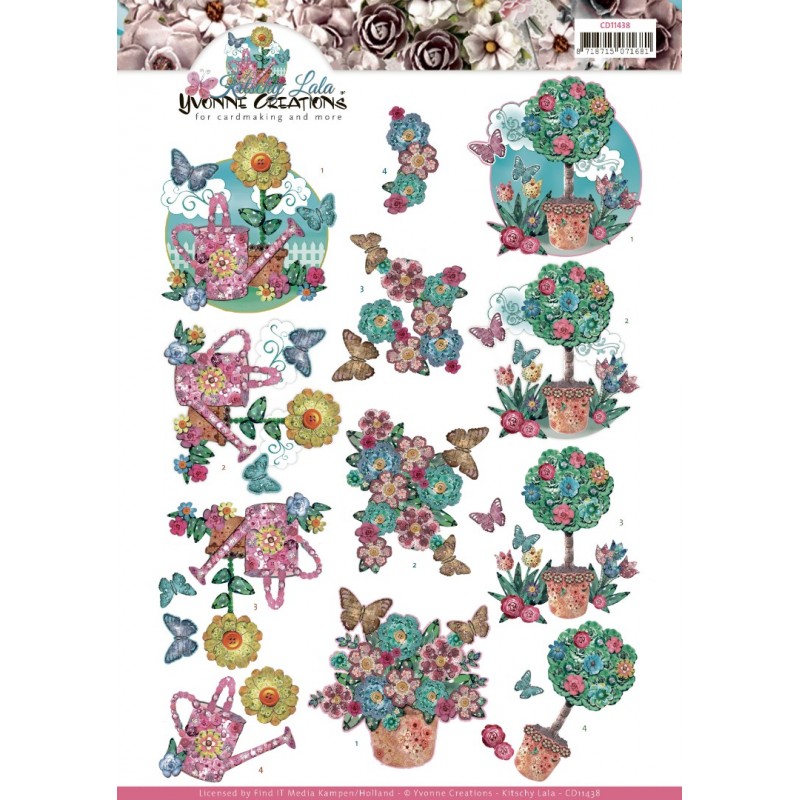 Kitschy Flower Pots - Kitschy Lala Floral Pink - 3D-Knipvel van Yvonne Creations voor Card Deco Color