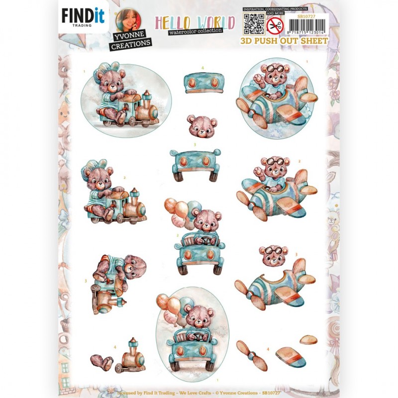 3D Push Out - Yvonne Creations - Hello World - Playing Teddybear