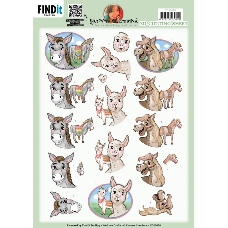 3D Cutting Sheet - Yvonne Creations - Lachende dieren: Ezel, Paard, Lama